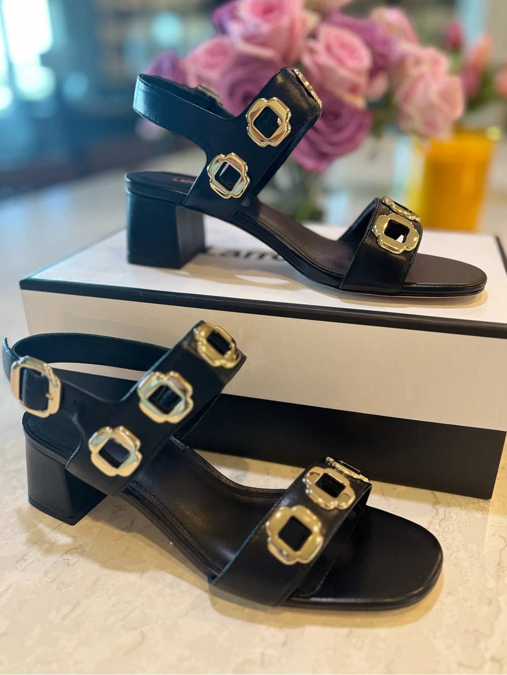 Larroude Milan Sandal In Black Leather with Gold Hardware - Picture 9 of 12